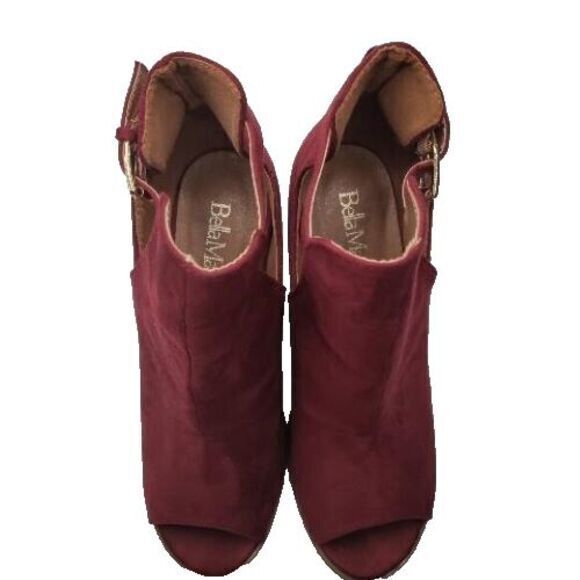 Bella Marie‎ Women 9 Wine Peep Toe Ankle Buckle Strap Suede Heels Western Casual - Picture 1 of 7